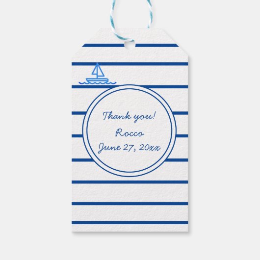 Eerste verjaardag Blue Sail Boat en Stripes Favor Cadeaulabel (Achterkant)