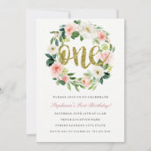 Eerste Verjaardag Blush Gold Bloemen Krans Uitnodi Kaart (Voorkant)