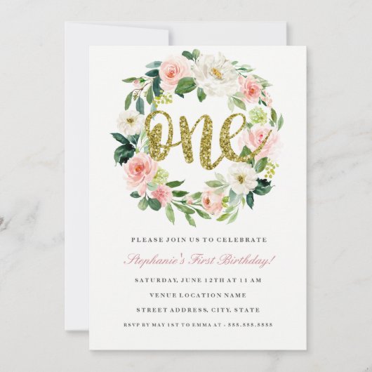 Eerste Verjaardag Blush Gold Bloemen Krans Uitnodi Kaart (Voorkant)