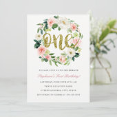 Eerste Verjaardag Blush Gold Bloemen Krans Uitnodi Kaart (Staand voorkant)