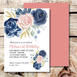 Eerste verjaardag Blush Roze Marineblauw Bloemige Kaart