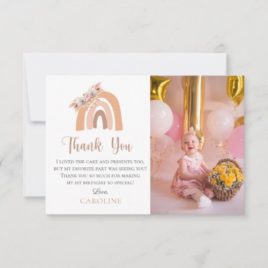 Eerste verjaardag Bohemian Floral Rainbow Pastel Bedankkaart (Voorkant)