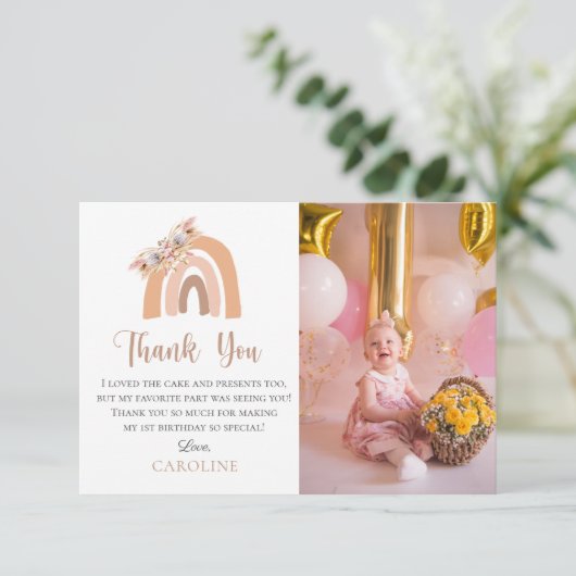 Eerste verjaardag Bohemian Floral Rainbow Pastel Bedankkaart (Staand voorkant)