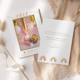 Eerste verjaardag Boho Rainbow Pink Gold Foto Bedankkaart