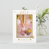 Eerste verjaardag Boho Rainbow Pink Gold Foto Bedankkaart (Staand voorkant)