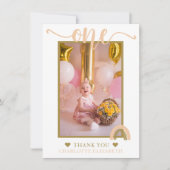 Eerste verjaardag Boho Rainbow Pink Gold Foto Bedankkaart (Voorkant)