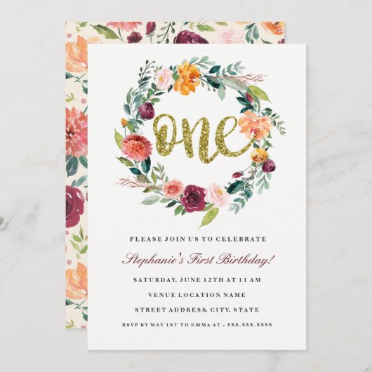 Eerste Verjaardag Bourgondië Gouden Bloemenkrans U Kaart (Voorkant / Achterkant)