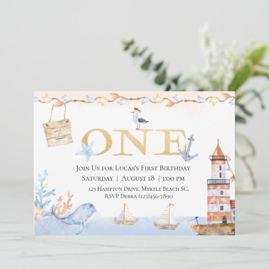 Eerste verjaardag boys Nautical Blue Lighthouse (Staand voorkant)