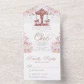 Eerste verjaardag Carrousel Floral Glitter All In One Uitnodiging (Binnen)