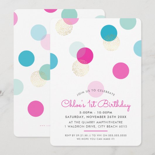 EERSTE VERJAARDAG confetti spots roze mint aqua go Kaart (Voorkant / Achterkant)