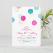 EERSTE VERJAARDAG confetti spots roze mint aqua go Kaart (Staand voorkant)