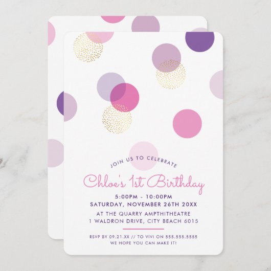 EERSTE VERJAARDAG confetti vlekken roze paarse gou Kaart (Voorkant / Achterkant)