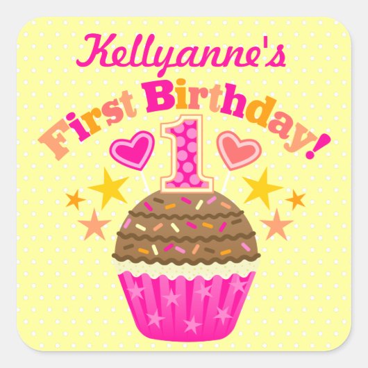 Eerste verjaardag Cupcake (meisjes) Vierkante Sticker (Voorkant)