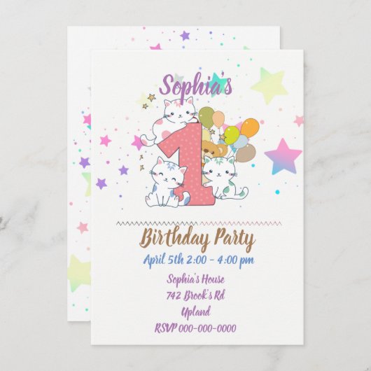 Eerste verjaardag Cute Kittens Kaart (Voorkant / Achterkant)