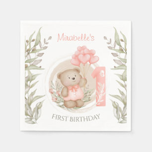 Eerste verjaardag Cute Teddy Bear Heart Balloons N Servet