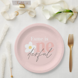 Eerste verjaardag daisy boho retro girly roze papieren bordje