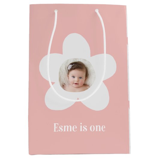 Eerste verjaardag daisy boho retro roze medium cadeauzakje (Voorkant)