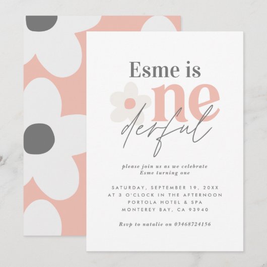 Eerste verjaardag: daisy boho retro roze meisje sc kaart (Voorkant / Achterkant)