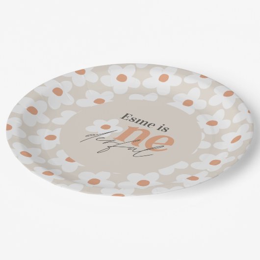 Eerste verjaardag: daisy boho retro terracotta nat papieren bordje (Gekanteld)