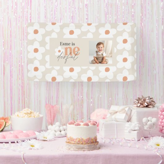 Eerste verjaardag daisy boho terracotta natuurlijk spandoek (Feest)