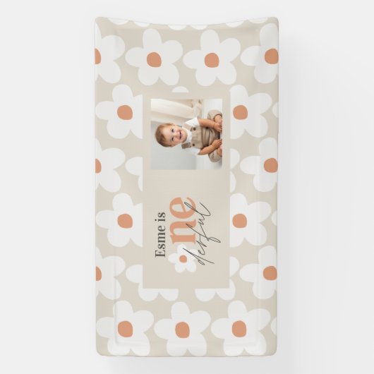 Eerste verjaardag daisy boho terracotta natuurlijk spandoek (Verticaal)
