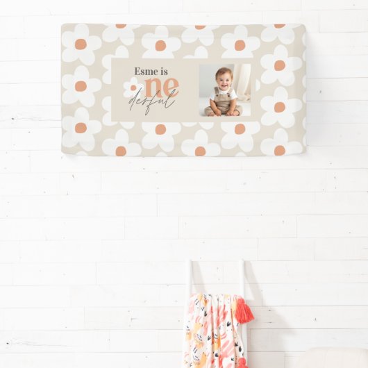 Eerste verjaardag daisy boho terracotta natuurlijk spandoek (Insitu)