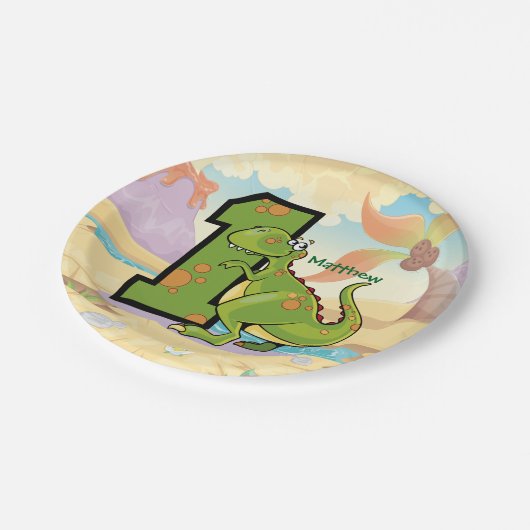 Eerste Verjaardag Dinosaurus Custom Party Papieren Bordje (Gekanteld)