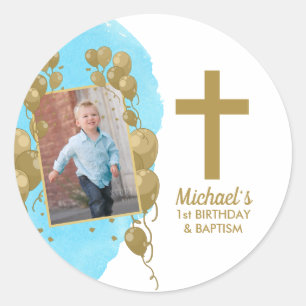 Eerste verjaardag doop gouden ballonnen foto jonge ronde sticker