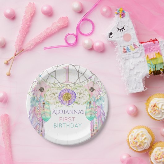 Eerste Verjaardag Droomvanger Boho Feathers Papieren Bordje (Feest)