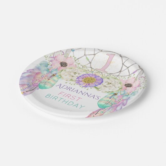 Eerste Verjaardag Droomvanger Boho Feathers Papieren Bordje (Gekanteld)