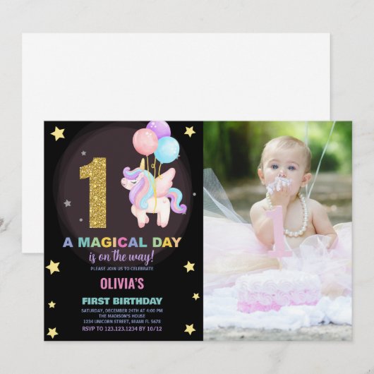 Eerste Verjaardag Eenhoorn Verjaardag Uitnodiginge Kaart (Voorkant / Achterkant)