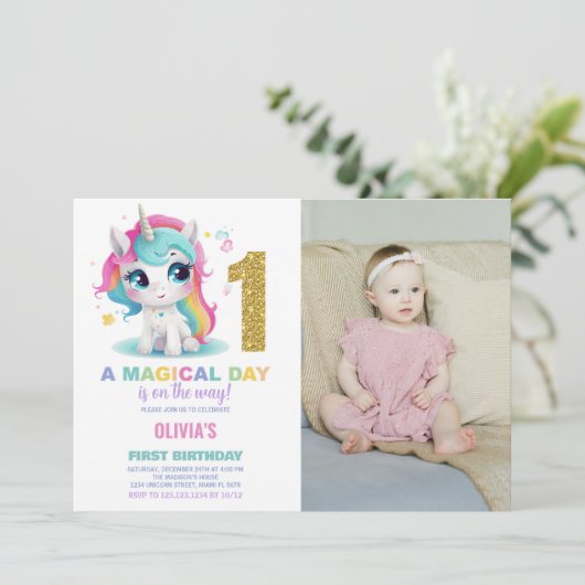 Eerste Verjaardag Eenhoorn Verjaardag Uitnodiginge Kaart (Staand voorkant)