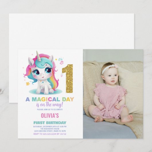 Eerste Verjaardag Eenhoorn Verjaardag Uitnodiginge Kaart (Voorkant / Achterkant)