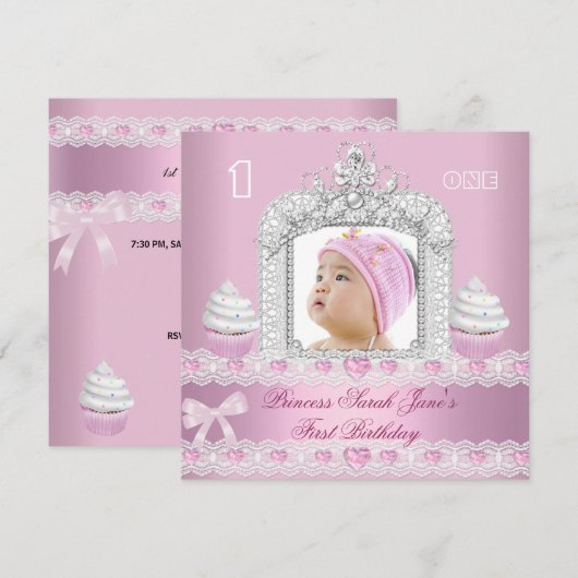 Eerste verjaardag eerste meisje roze prinses Tiara Kaart (Voorkant / Achterkant)