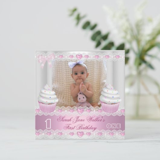 Eerste verjaardag eerste meisje Witte roze koekje  Kaart (Staand voorkant)