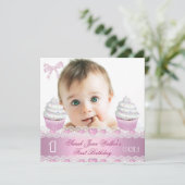 Eerste verjaardag eerste meisje Witte roze koekje  Kaart (Staand voorkant)