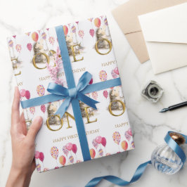 Eerste verjaardag egel met roze ballonnen  cadeaupapier
