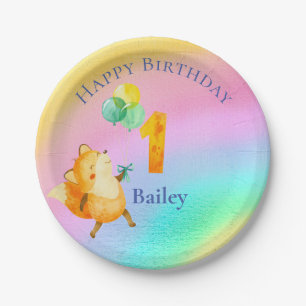Eerste verjaardag Eigen naam regenboogballonnen Papieren Bordje