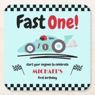 Eerste verjaardag Fast One  Blue Race Car Kartonnen Onderzetters