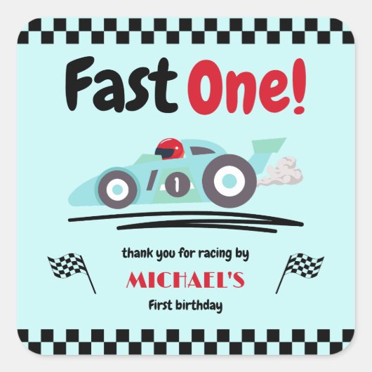 Eerste verjaardag Fast One  Blue Race Car Vierkante Sticker (Voorkant)