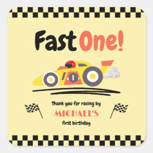 Eerste verjaardag Fast One Yellow Race Car Vierkante Sticker