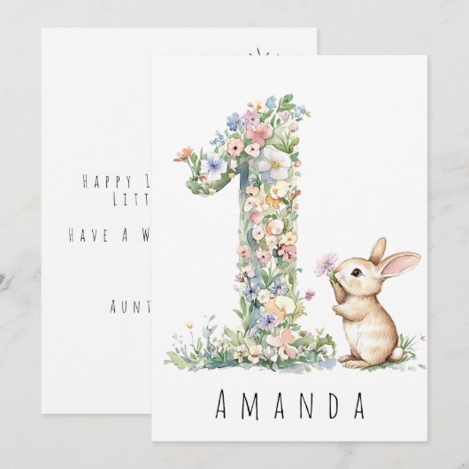 Eerste Verjaardag Floral Bunny Kaart (Voorkant / Achterkant)