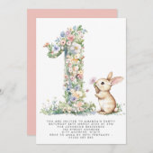 Eerste verjaardag Floral One & Bunny Uitnodiging (Voorkant / Achterkant)
