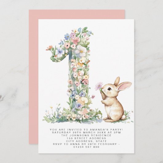 Eerste verjaardag Floral One & Bunny Uitnodiging (Voorkant / Achterkant)