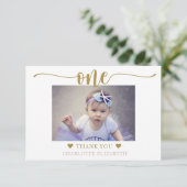 Eerste verjaardag foto elegante script bedankkaart (Staand voorkant)