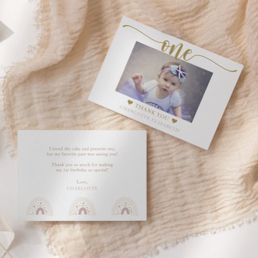 Eerste verjaardag foto elegante script bedankkaart