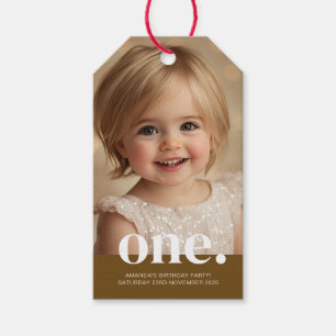 Eerste Verjaardag Foto Gift Label in Bruin & Wit Cadeaulabel