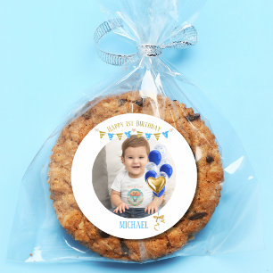 Eerste verjaardag foto jongen blauwe gouden ballon ronde sticker