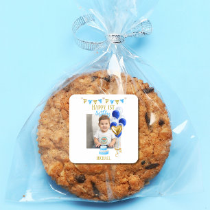 Eerste verjaardag foto jongen blauwe gouden ballon vierkante sticker