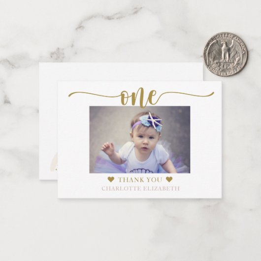 Eerste verjaardag Foto legant script Notitiekaartje (Voorkant / Achterkant in situ)